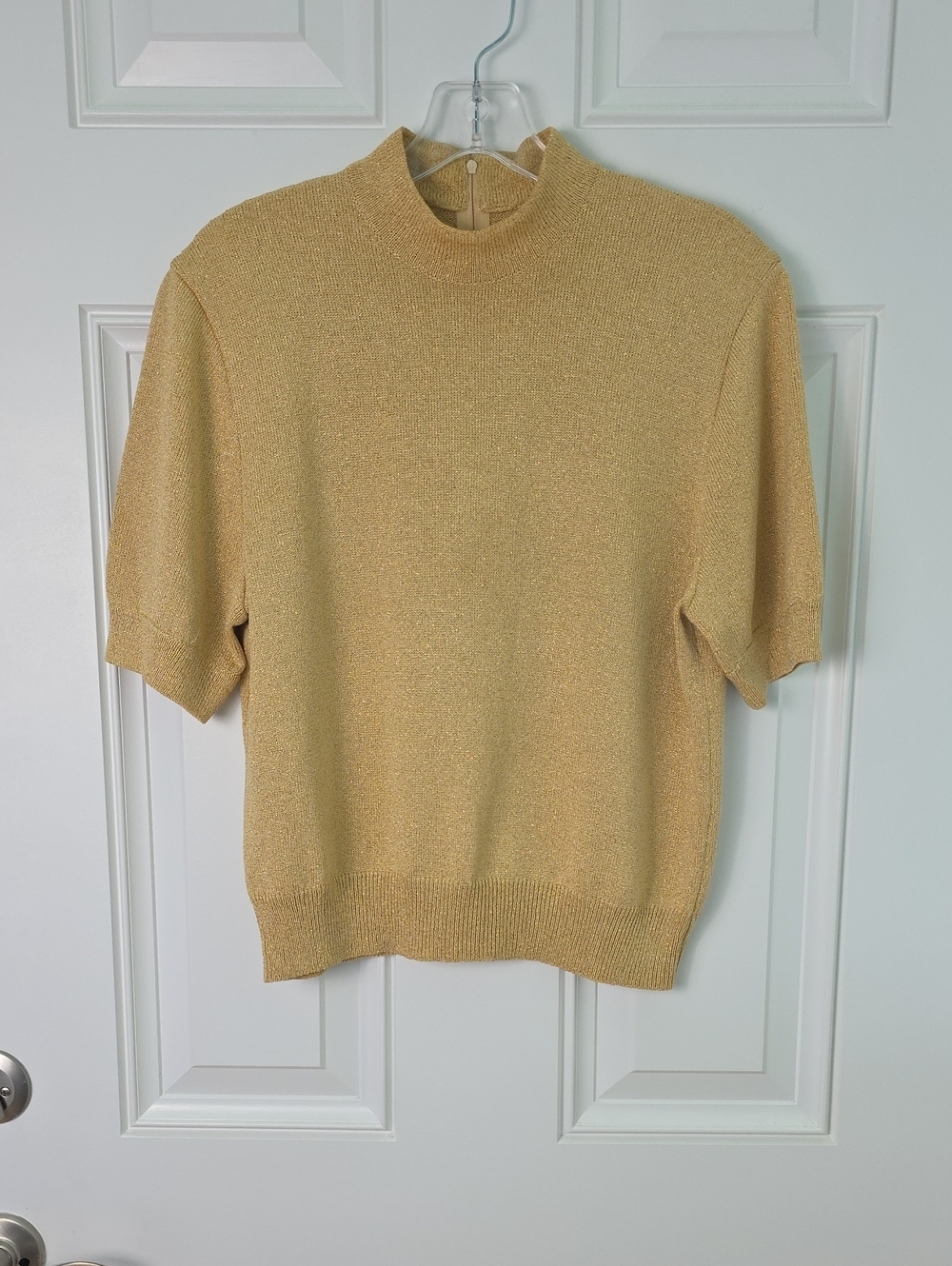St. John Basics Gold Metallic  Short-Sleeve Turtleneck Sweater.  Size Medium